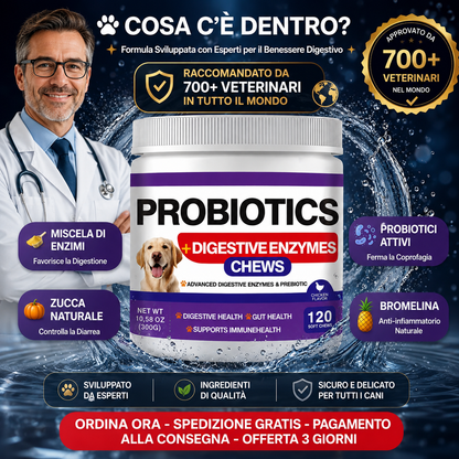 ProbioDigest™ - Fermenti Lattici e Enzimi Digestivi per Cani | 120 Masticabili | Anti Coprofagia e Alito Fresco