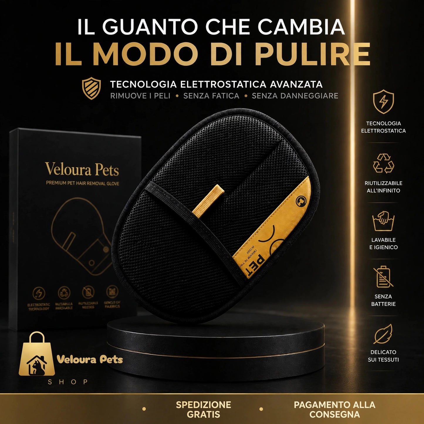 Guanto Rimozione Peli Pro Veloura Pets Per Cani e Gatti - Riutilizzabile